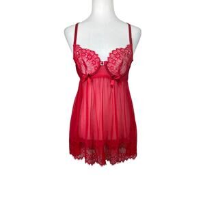Seven 'til Midnight Red Lace Trim Mesh Babydoll Chemise